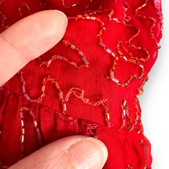 Vintage Gold Star Red 100% Silk Fully Beaded Midi Length Dress Women's Size S - Picture 13 of 15